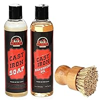Heritage Products Cast Iron Soap, Skillet Seasoning Oil and Brush, 3-Pc Cast Iron Cleaning Kit with Plant-Based Cast Iron Cleaner, Low-Smoke Griddle Conditioner and Wooden Dish Brush for Dutch Ovens