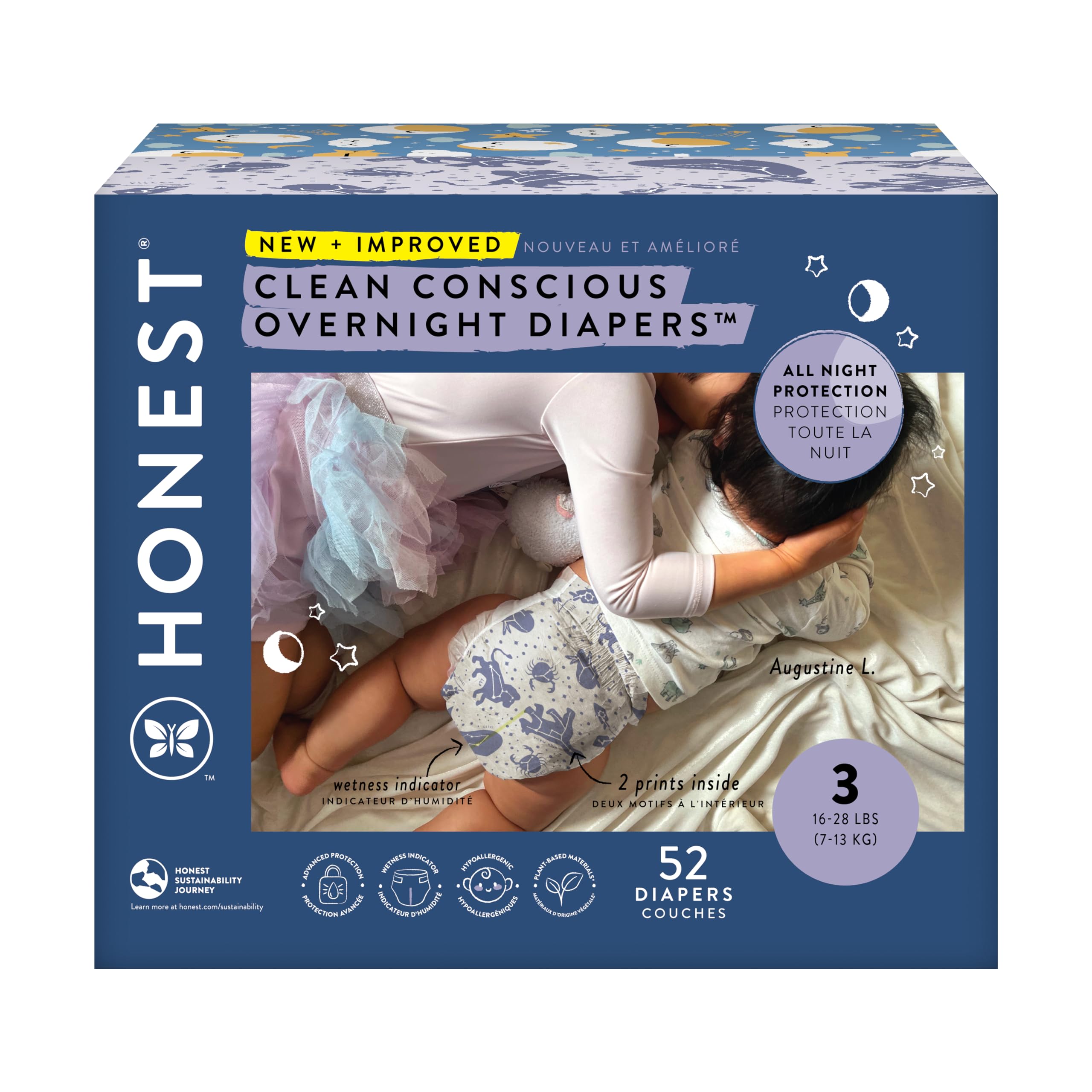 The Honest Company Clean Conscious Overnight Diapers | Plant-Based, Sustainable | Cozy Cloud + Star Signs | Club Box, Size 3 (16-28 lbs), 52 Count