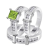 2.10 Carat Synthetic Green Peridot Princess Cut & Round CZ Diamond 14k White Gold Over Silver Engagement His & Her Wedding Engagement Trio Ring Set In Express Shipping