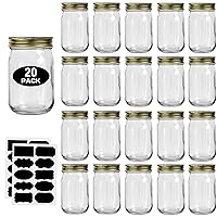 12oz Glass Jars With Lids Regular Mouth 20 Pack -Mason Jars 12 oz For Crafts, Meal Prep, Canning Jars For Food Storage Frascos De Vidrio Con Tapa Para Conservas-with 20 Chalkboard Stickers-Gold Lid