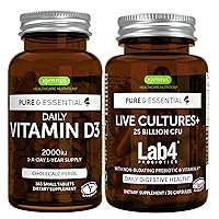 Daily Vitamin D3 + Live Cultures+ Lab4 Probiotics Bundle, 365 2000iu Vitamin D3 Tablets + 25 Billion CFU Lactobacillus Acidophilus & Bifidobacterium with Non-Bloating Prebiotic, by Igennus