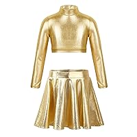 FEESHOW Girls 2 Piece Metallic Latin Jazz Cheer Performance Dance wear Costumes Crop Top with Pleated Skort Skirt