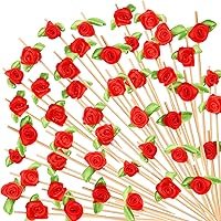 Mothers Day Cocktail Picks, Handmade Red Rose Fancy Toothpicks for Appetizers, 4.7 IN Flower Decorative Bamboo Skewer Cocktail Sticks for Wedding Valentines Party Decorations Drinks 100PCS