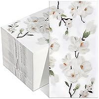 100 Pcs Floral White Magnolia Guest Napkins 3 Ply Spring Flower Dinner Hand Napkin Blossom Disposable Hand Towels for Bathroom Decorative Paper Napkins for Wedding Party (7.9 x 4.3 Inch Folded)