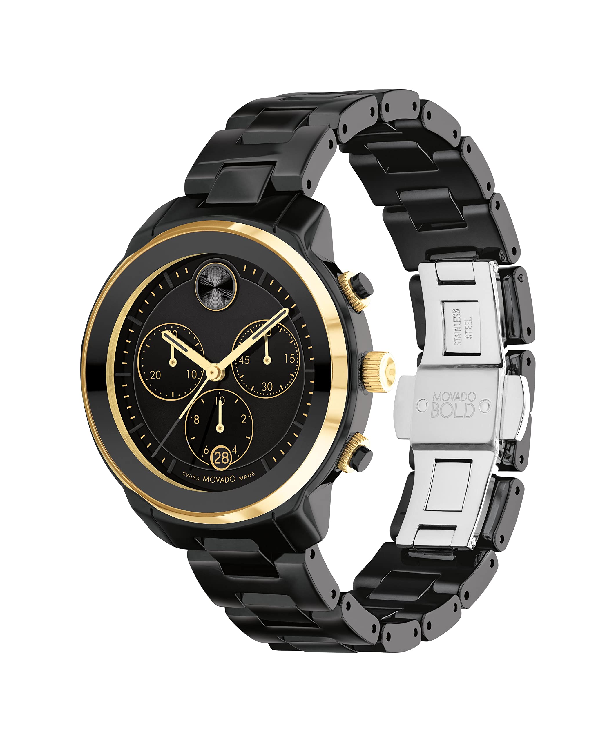 Movado Bold Verso Women's Swiss Quartz 3600932 Ionic Plated Light Gold Steel Case and Link Bracelet Watch, Color: Black