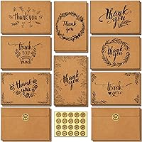 144 Bulk Thank You Cards with Self-Seal Envelopes, Brown Kraft Thank You Notes Box Set with Elegant 8 Designs Greeting Card for Wedding, Business, Birthday, Baby Shower, Blank Inside, 4 x 6 Inch