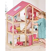 Tiny Land Wooden Dollhouse for Girls - 6 Rooms Wooden Doll House, DIY Pretend Dream House with 30Pcs Furniture Accessories, Gift for Girl Ages 3+