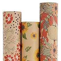 Aimyoo Kraft Floral Wrapping Paper Bundle, Vintage Spring Flowers Rose Gift Wrap Paper for Wedding Bridal Shower Birthday, 3 Rolls 17 in x 10 ft per Roll