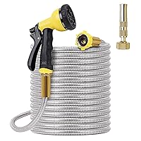 FOXEASE Metal Garden Hose 75FT - Stainless Steel Heavy Duty Water Hose with Metal Nozzle & 8 Function Sprayer, Portable & Lightweight Kink Free Yard Hose, Outdoor Hose