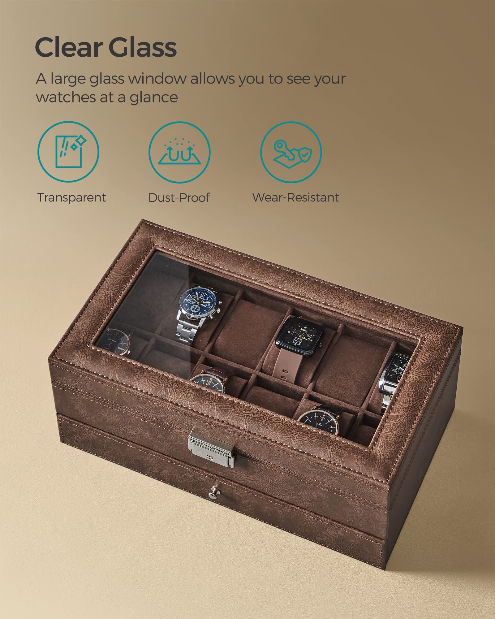 SONGMICS 12-Slot Watch Box, Lockable Watch Case with Glass Lid, 2 Layers, with 1 Drawer for Rings, Bracelets, Gift Idea, Brown Synthetic Leather, Brown Lining UJWB012K01