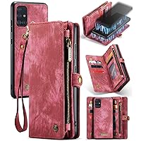 Genuine Leather Business Wallet Case Sleeve Zipper Purse+Detachable Magnetic Phone Back Cover+Card Slot RFID Protection for Samsung Galaxy A71 (SM-A715F/DS)/Galaxy A51(SM-A515F/DS) 2020 (A71, Red)