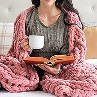 SAMIAH LUXE Pink Chunky Knit Blanket Throw 50x60; Knitted Throw Blankets for Boho Decor,Large Knit Blanket Chunky Yarn;Thick Knitted Blanket Chunky;Thick Cable Knit Throw for Couch, King/Queen Bed