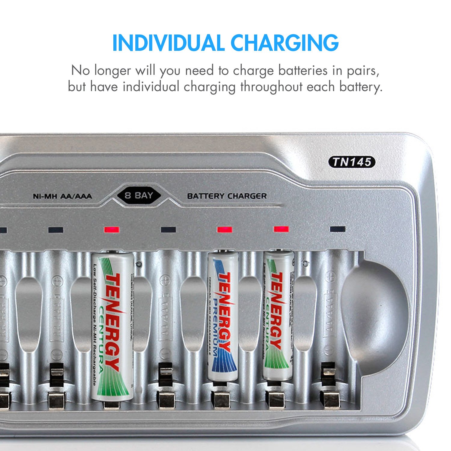 Tenergy TN145 AA AAA Battery Charger, 8-Slot Household Battery Charger, AA Cell Battery Charger with Individual Bays and LED Indicators, for NiMH/NiCd Rechargeable Batteries