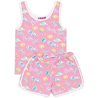 Barbie Girls 2 Piece Co-Ord | Kids Pink All Over Print Vest & Shorts Set | Palm Trees Sunglasses Summer Holiday Beach Daywear