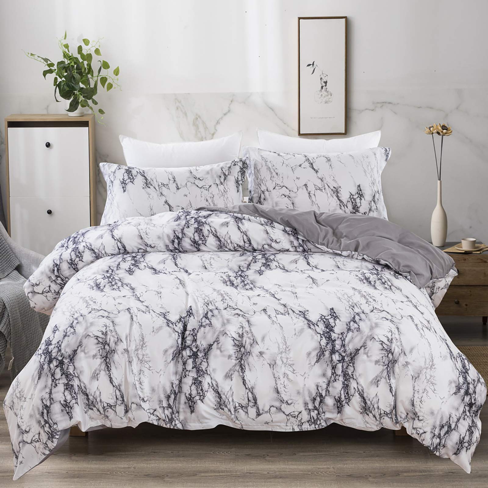 Marble Comforter Set King White Grey Marble Printed Bedding Down Alternative Comforter Set for All Season, Soft Microfiber Filling Bedding Duvet Se...