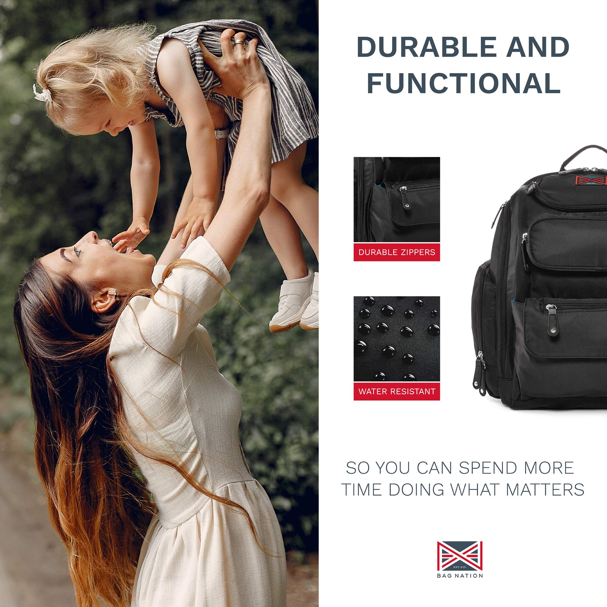 Bag Nation Extra Large Diaper Bag Backpack for Twins or 2 Kids | Unisex 3 in 1 with Stroller Straps | Holds All Your Baby’s Essentials (Black)