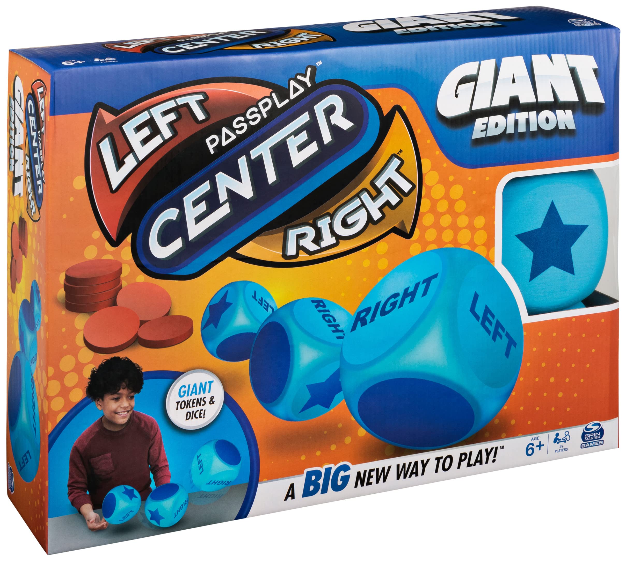 Giant Left Center Right, Classic Family Board Game Summer Toy with Big, Oversized Dice & Tokens, for Kids and Adults Ages 6 and up