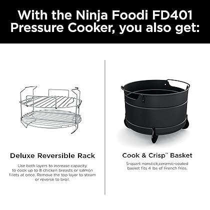 Ninja FD401 Foodi 12-in-1 Deluxe XL 8 qt. Pressure Cooker & Air Fryer that Steams, Slow Cooks, Sears, Sautés, Dehydrates & More, with 5 qt. Crisper Basket, Deluxe Reversible Rack & Recipe Book, Silver