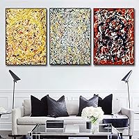INVIN ART Framed Canvas Giclee Print Art Combo Painting 3 Pieces by Jackson Pollock Wall Art Series#1 Living Room Home Office Decorations(Black Slim Frame,24