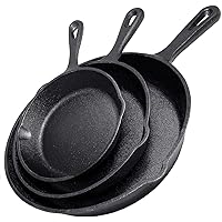 Cast Iron Skillet 3-Piece Set - Heavy-Duty Professional Restaurant Chef Quality Pre-Seasoned Pan Cookware Set - 10