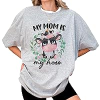 DuminApparel My Mom is My Hero Cute Mama Cow T-Shirt, Gifts to My Daughter Son Father ror Mother Mama Grandma, Unisex Sized, Comfort Colors Multi
