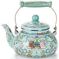 2.6 Quart Vintage Enamel Tea Kettle, Large Enameled Floral Teapot, Flower Enamel on Steel Tea Pot Coffee Pot with Ceramic Cool Handle for Stovetop, Hot Water, Gift, Retro Decor, No Whistling
