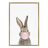 Sylvie Bubble Gum Bunny Framed Canvas Wall Art by Amy Peterson Art Studio, 23x33 Gold, Decorative Animal Art for Wall