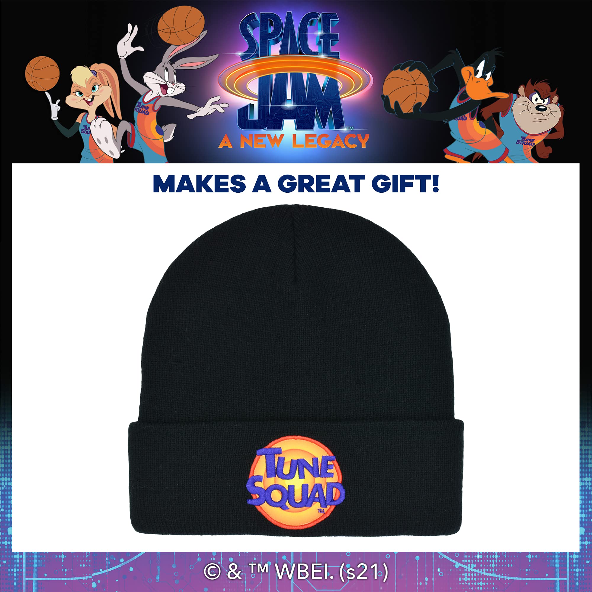 Concept One Space Jam 2 Tune Squad Embroidered Logo Knitted Acrylic Cuff Winter Beanie Hat, Black, One Size