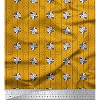 Soimoi Gold Rayon Fabric Stripe & Banyan Leaves Fabric Prints by Yard 56 Inch Wide