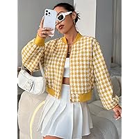 Jackets for Women Houndstooth Pattern Drop Shoulder Tweed Bomber Jacket Women's Jackets (Color : Yellow, Size : Large)