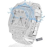 Halukakah Premium Diamond Gold Watch for Men - 18 Carat Real Gold/Platinum White Gold Plated, Roman Numerals, Square Dial, 200 g Heavy, 3 Sides Iced Out, 24 cm Bracelet - Gift Box Included
