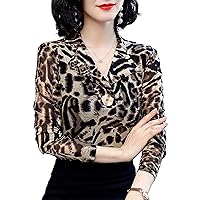 Women's Casual Mesh Tops Fashion V-Neck Long Sleeve Leopard Print Lace Stretchy Soft Blouses Elegant Formal Work Shirt