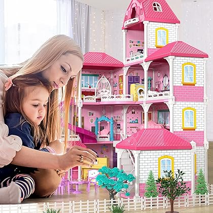 Dream House Doll House 7-8 for Girls - 4-Story 12 Rooms Playhouse 4-5 Year Old w/ 2 Dolls, Dollhouse Furniture Accessories, Pretend Cottage Toy House, Toddler for Kids Ages 3 4 5 6 7