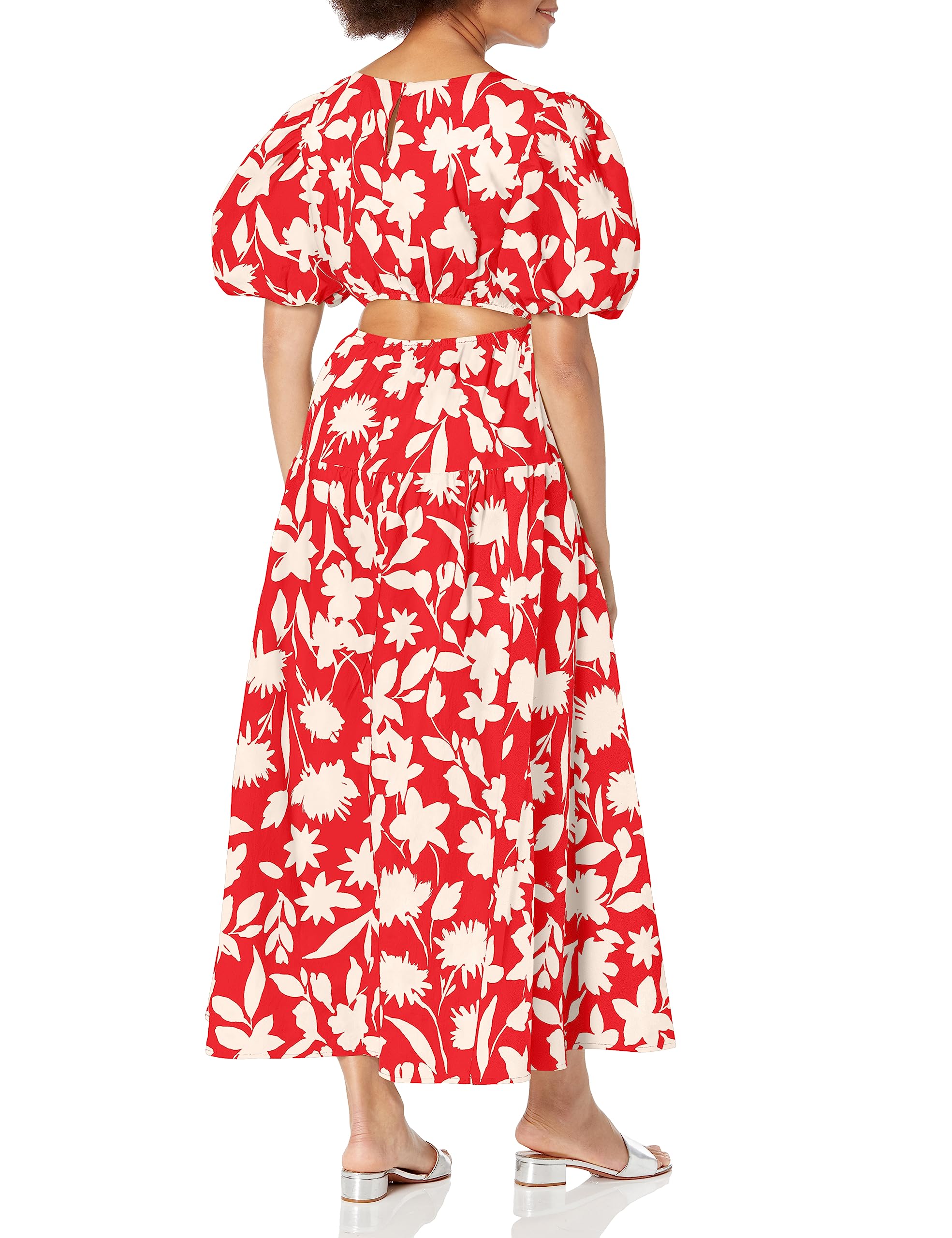 Moon River Women's Floral Print Side tie Cut-Out Tiered Shirred midi Dress, red, Small