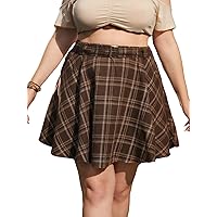 OYOANGLE Women's Plus Size Plaid Print Belted Flared A Line Short Skirts Casual Skater Skirt