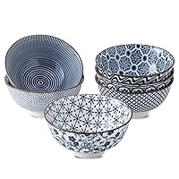 Porcelain Cereal Bowls 24 oz - 6 Inch Ceramic Soup Bowl, Set of 6,Vintage Blue and White Bowls for Rice, Salad, Snack, Dishwasher & Microwave Safe