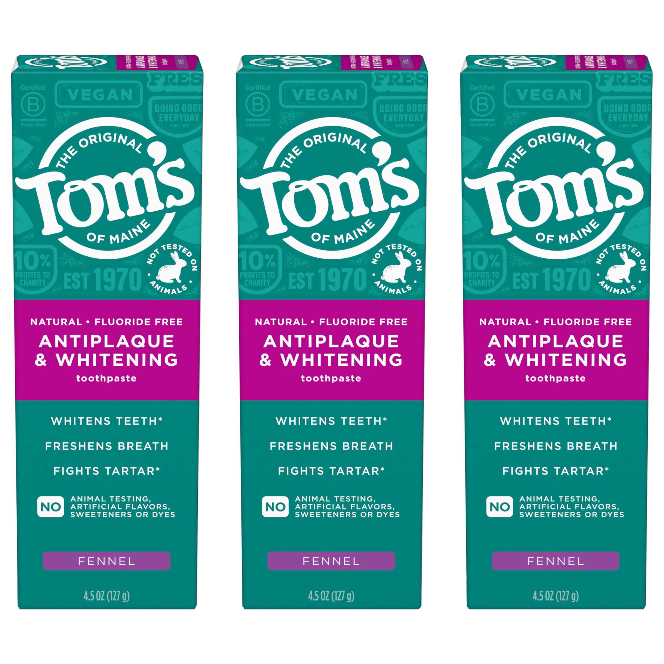 Tom’s of Maine Antiplaque and Whitening Toothpaste, Fluoride Free, Fennel, 3 Pack, 4.5 Oz