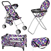 fash n kolor Doll 3 Piece Play Set Baby Doll Accessories - Includes, 1 Pack N Play. 2 Doll Stroller. 3 Doll High Chair. Fits Up to 18'' Doll (Flower)