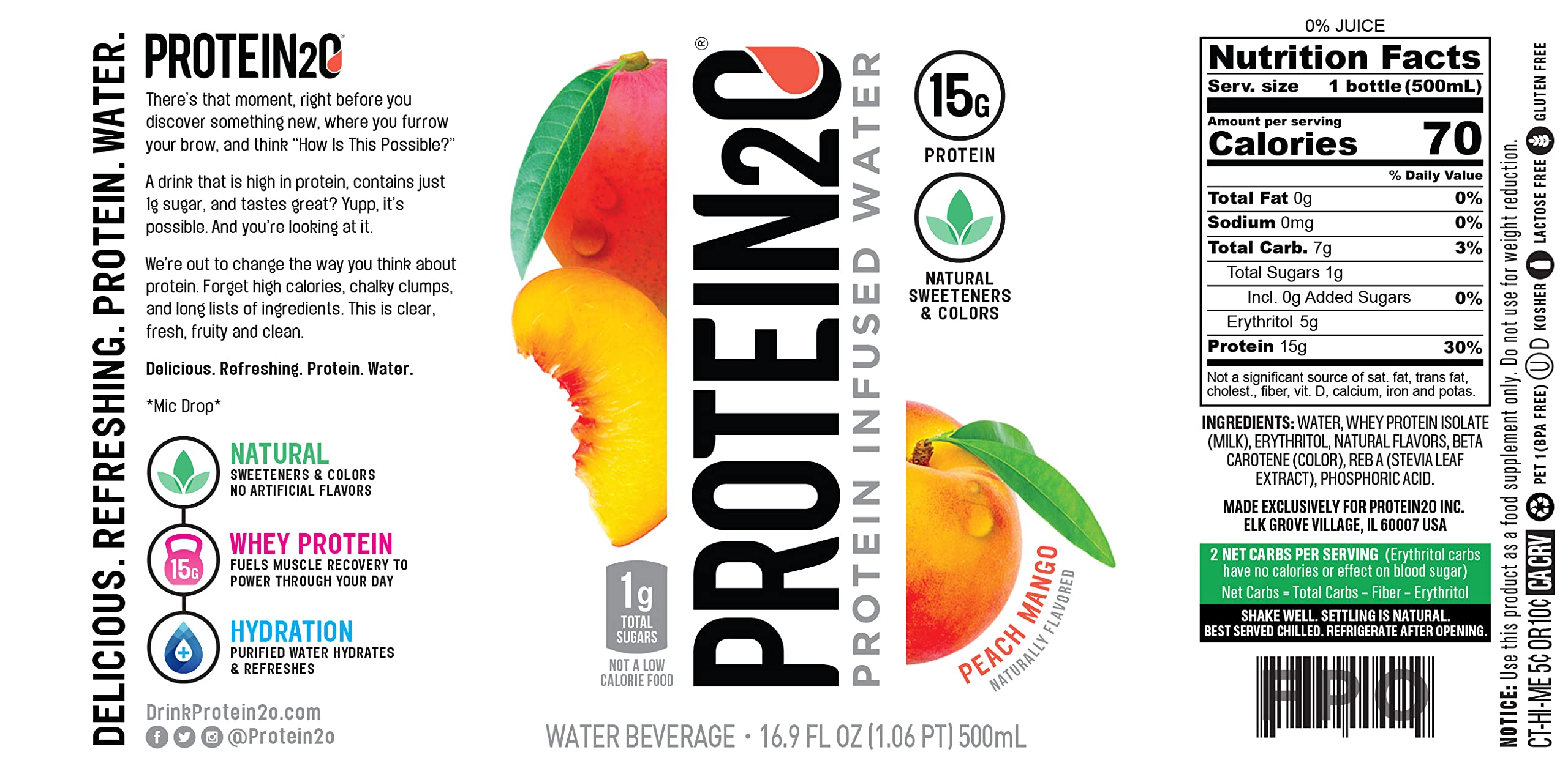 Protein2o 15g Whey Protein Infused Water, Peach Mango, 16.9 Oz Bottle (Pack of 12)