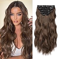 WECAN Clip In Hair Extensions 20 Inch 6pcs Long Wavy Curly Brown Hair Extensions Synthetic Fiber Double Weft Soft Hairpieces For Women Full Head