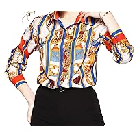 Womens Stripes and Baroque Shirts Casual Long Sleeve Button-Down Blouse