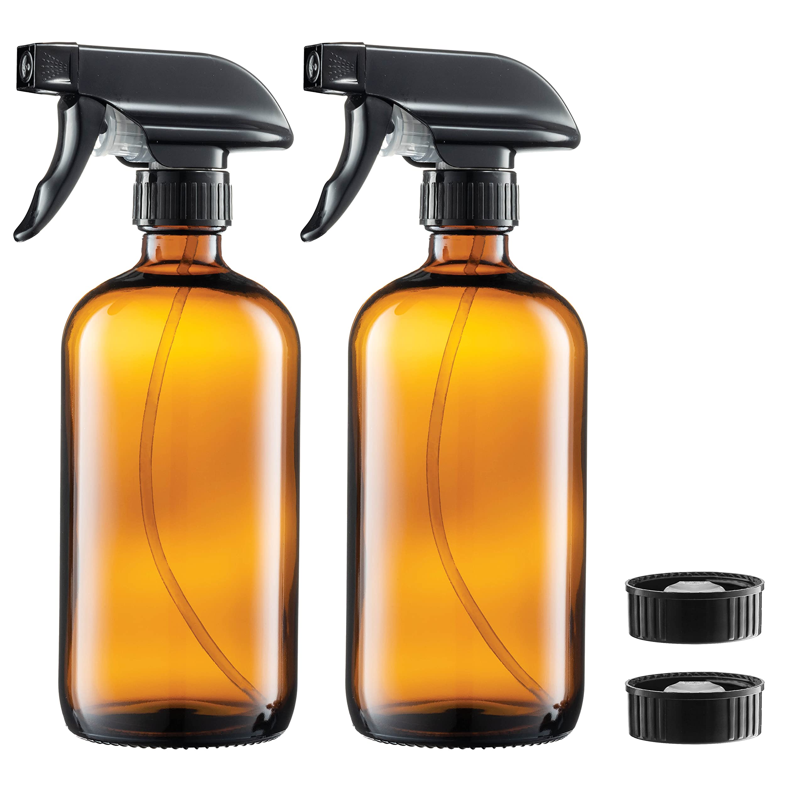 Glass Spray Bottles Amber - 2 Pack 16 Oz Refillable Glass Sprayer Container with Durable Leakproof Trigger Sprayer with Mist/Stream/Lock for Hair, Cleaning Products, Essential Oils, Aromatherapy, Water