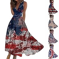 Women's 4th of July American Flag Sleeveless V-Neck Halter Maxi Dress, Dresses for Women 2024-Plus Size Dresses