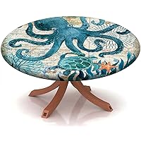 Nautical Octopus Sea Turtles Beach Table Cloth Cover,Elastic Edge,Suitable for Catering and Kitchen Can Wipe Dining Round Table coverr,for 22