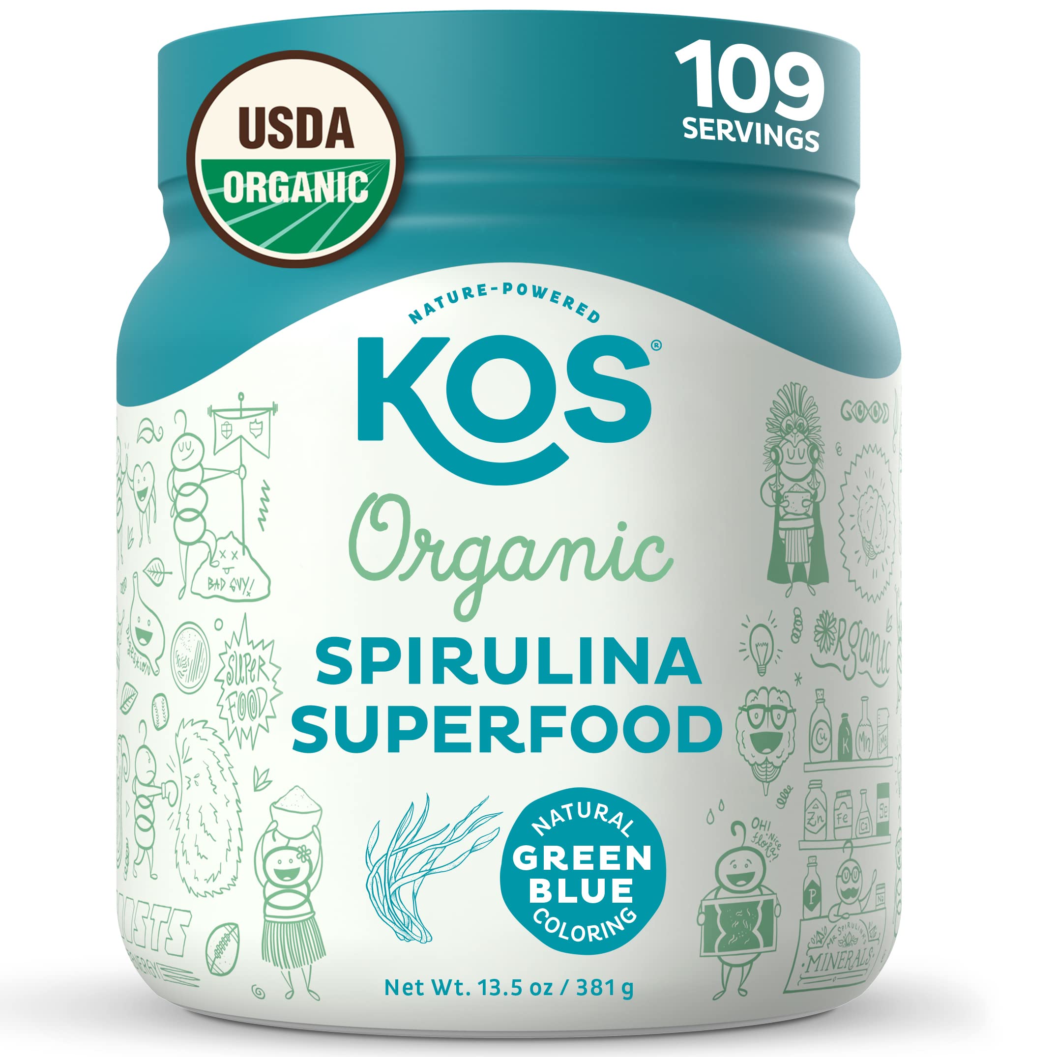 KOS USDA Organic Spirulina Powder - 100% Pure, Non-Irradiated Green Blue Spirulina Superfood Powder, Plant Based - Rich in Protein, Vitamins, Antioxidants & Fiber - Natural Taste, 13.5oz, 109 Servings