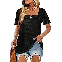 WIHOLL Womens Square Neck T-Shirts Short Sleeve Eyelet Summer Tops 2024 Trendy