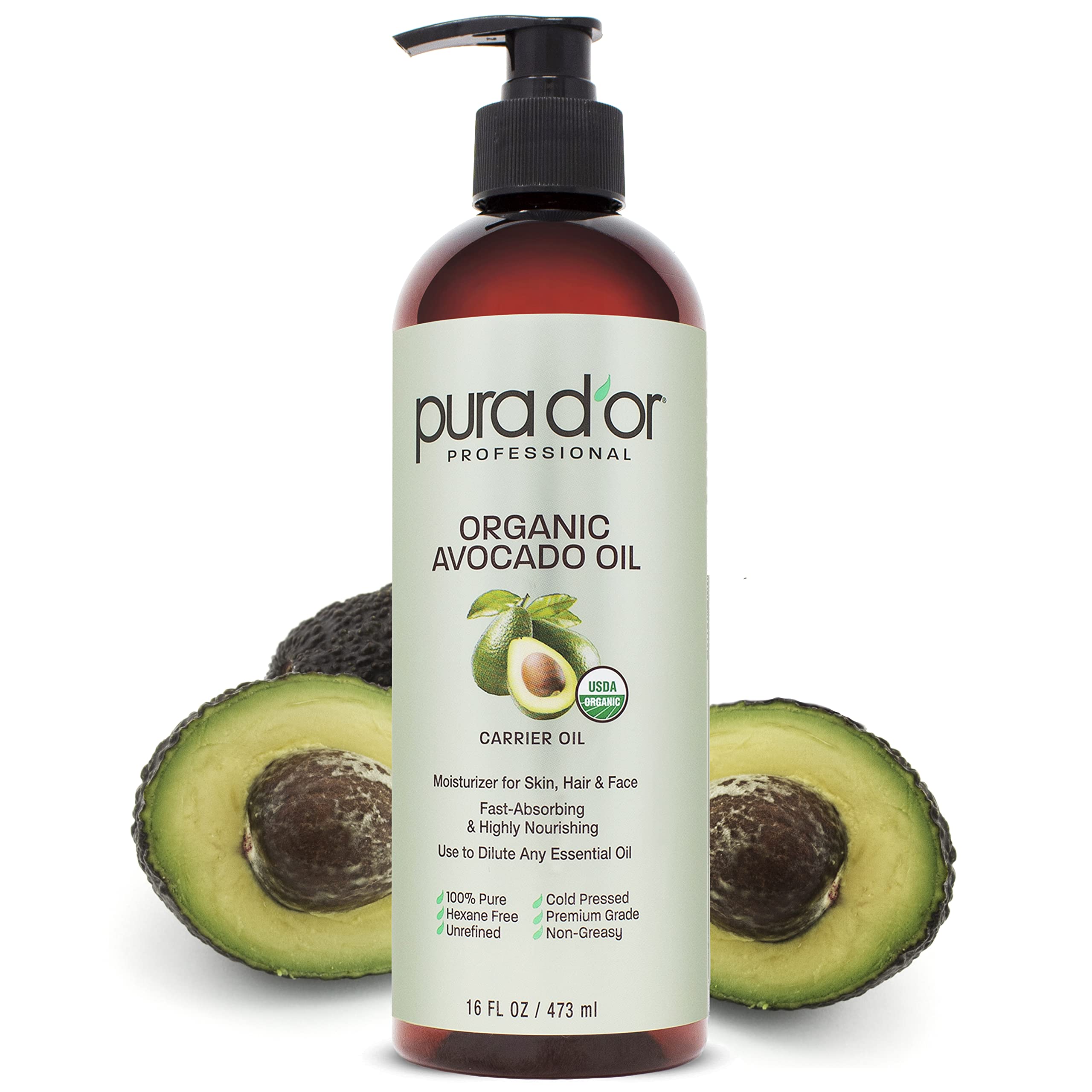 PURA D'OR Organic Avocado Oil, 100% Pure USDA Certified Natural, Cold Pressed Carrier Oil, Nutrients & Antioxidants, Hydrating & Nourishing for Full Body Massage, Hair, Skin & Face, 16oz