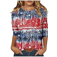 4th of July Shirts Womens American Flag Patriotic 3/4 Sleeve Blouse Loose Independence Day Crewneck Cute Festival Tops