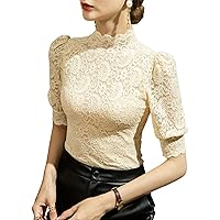Lace Tops for Women, Summer Fashion Mock Neck Puff Short Sleeve Embroidery Patchwork Blouses Elegant Work Shirts