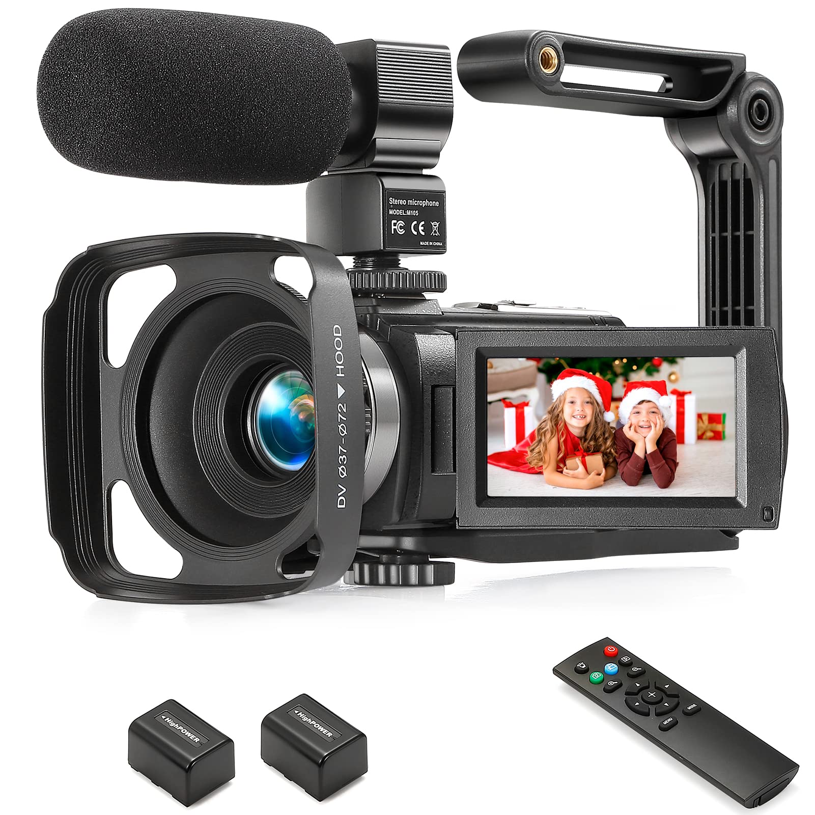 LKX Video Camera Camcorder Full HD 1080P 36.0 MP Webcam YouTube Vlogging Camera Recorder, 16X Digital Zoom Touch Screen Camcorders Camera with Microphone, Remote, Stabilizer, Lens Hood, 2 Batteries